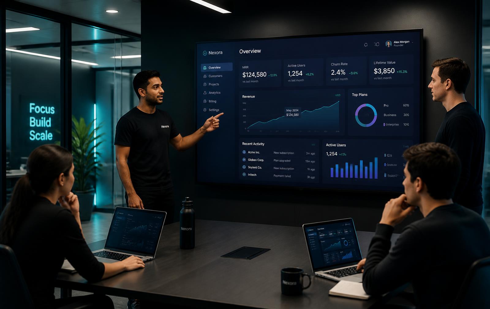 Time de tecnologia apresentando dashboard em sala de reunião